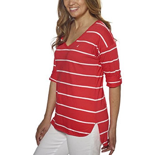Nautica Women's Striped Shirt Top Tee Roll Cuff