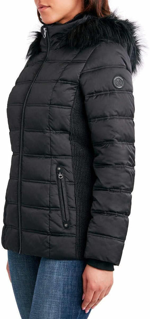 Nautica Women's Puffer Zip Off Hood With Faux Fur Trim Jacket