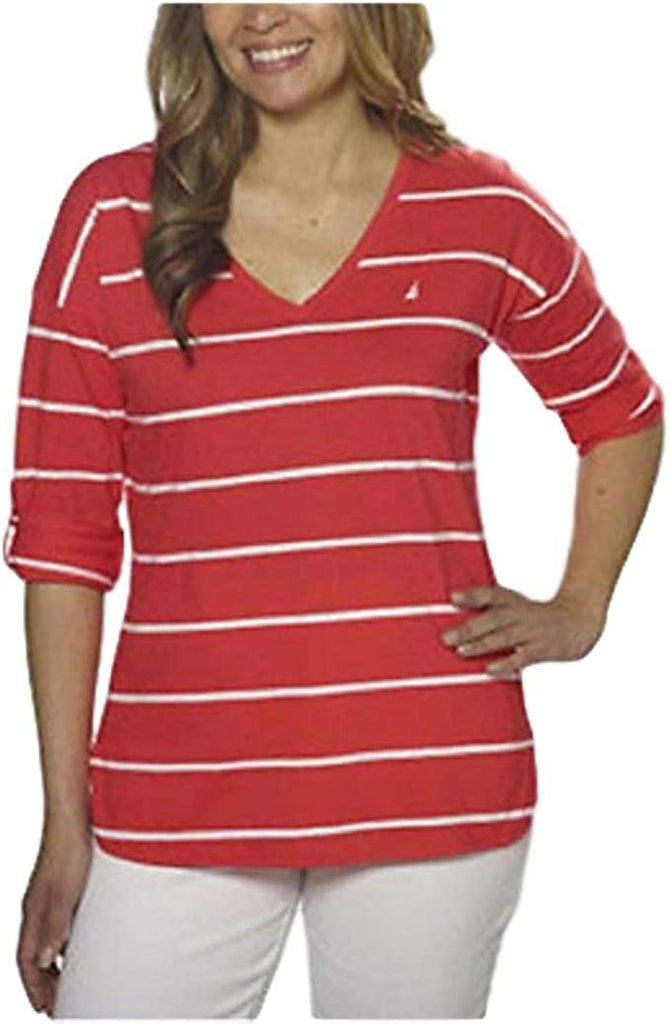 Nautica Women's Striped Shirt Top Tee Roll Cuff