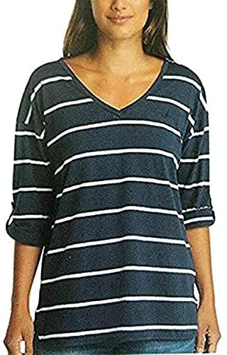 Nautica Women's Striped Shirt Top Tee Roll Cuff